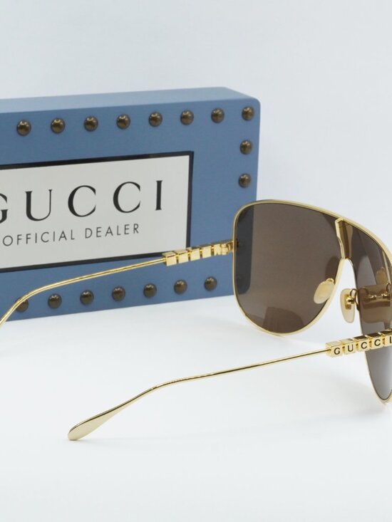 Gucci GG1436S 002 Shield Sunglasses - Gold/Brown